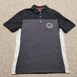 Harley Davidson Polo‎ Shirt Mens Medium Black Grey Motorcycle Rider Biker Skull